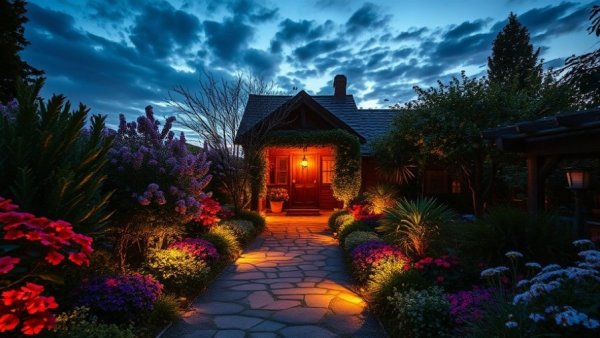 Blue Ridge Mountain retreat lighting on garden path at dusk.