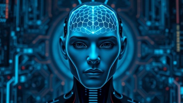 Futuristic AI integration concept with digital brain in Blue Hexagonal Mesh, Black Hills AI Leadership Changes