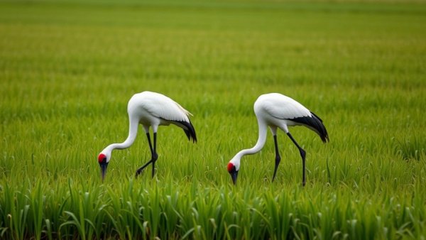 Two cranes in a field amid concerns over Germany bird flu cases.