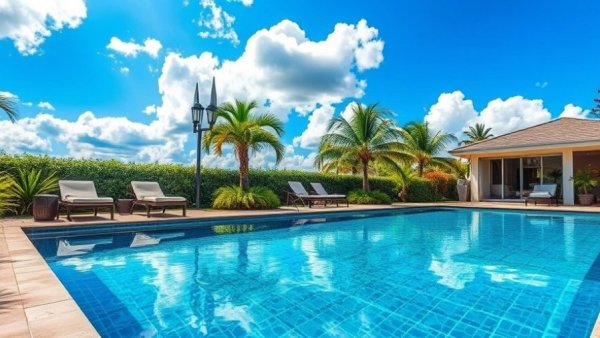 Luxury backyard swimming pool with loungers and greenery.