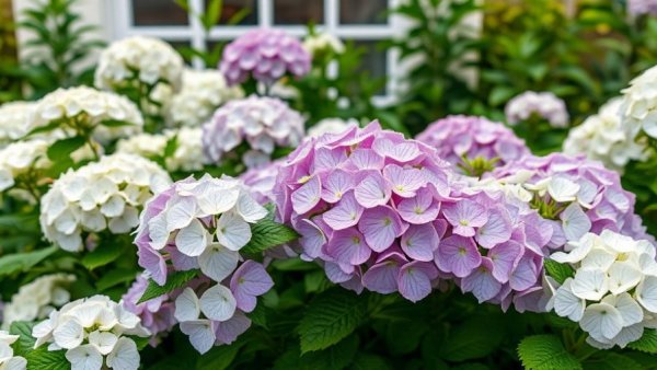 Hydrangeas in outdoor garden, showcasing lush foliage and blooms.