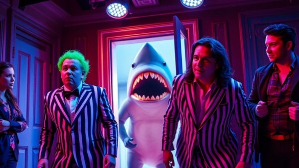 Beetlejuice Broadway performance scene with dramatic actors and vibrant stage.