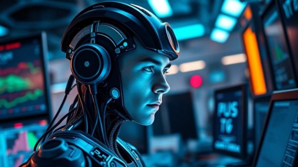 AI-powered cyborg in a tech lab analyzing application security data.