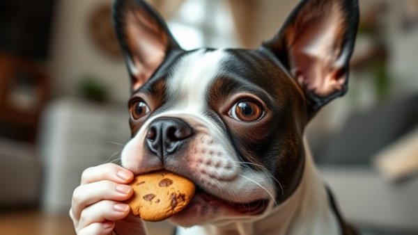 Cute Boston Terrier with homemade dog cookie in mouth, close-up.
