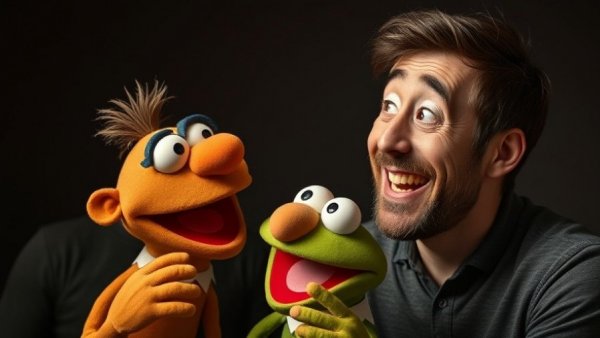 Broadway Magic scene with a man and a Muppet under warm lighting.