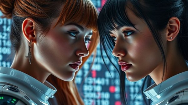 Futuristic women face each other amid digital codes, NYC industry.