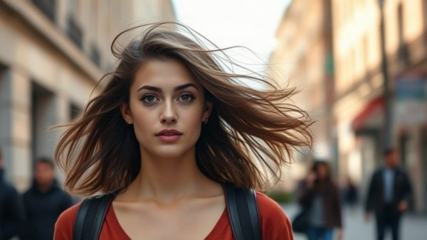 Young woman outdoors, wearing white shirt and pink scarf, slight smile.