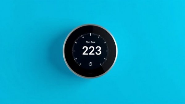 Modern smart thermostat with central display on blue background.