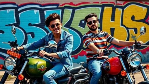 Musicians in urban setting with colorful graffiti.