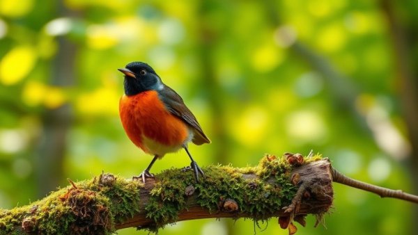 Radical Joy with American Robin perched on a mossy branch.