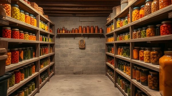 Root cellar shelves with preserved jars in basement, how to build a root cellar in your basement.