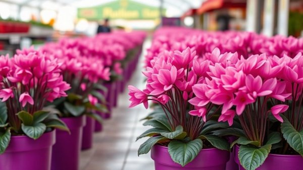 Vibrant pink cyclamen flowering houseplants in purple pots.