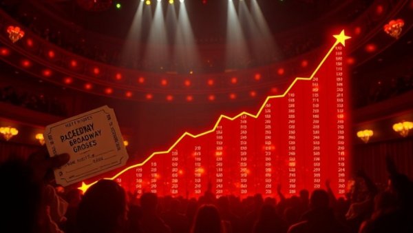 Broadway grosses rising with theater tickets and chart.