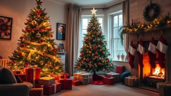 Holiday Gift Exchange Theme Ideas in a cozy living room with a decorated Christmas tree and gifts.