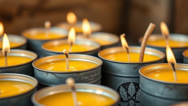Rustic tin candles with yellow wax for outdoor garden use.