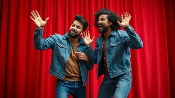 Dynamic duo in denim showcasing playful energy in front of a red curtain.