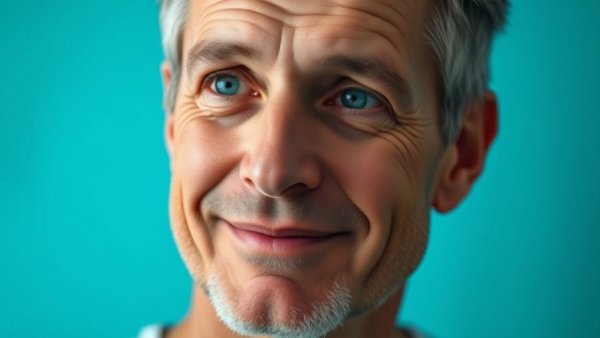 Artistic portrait of a man with thoughtful smile, turquoise background.