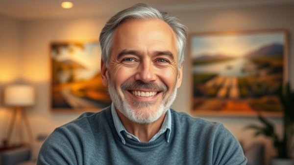 Middle-aged man smiling indoors, soft lighting, power resilience solutions context.
