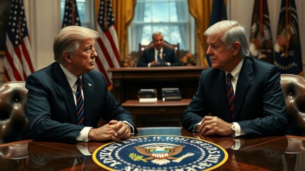 Discussion at table with presidential seal, Trump's executive order on AI regulations.