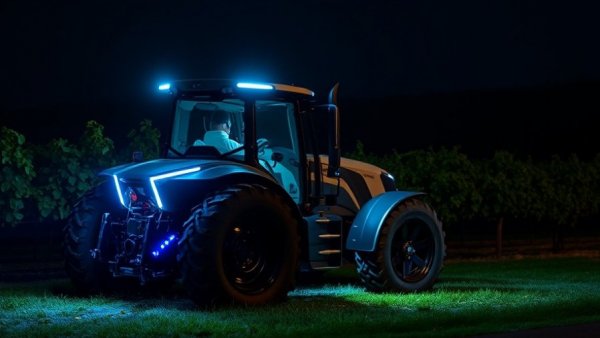 Monarch Tractor operating at night in a vineyard with glowing lights.