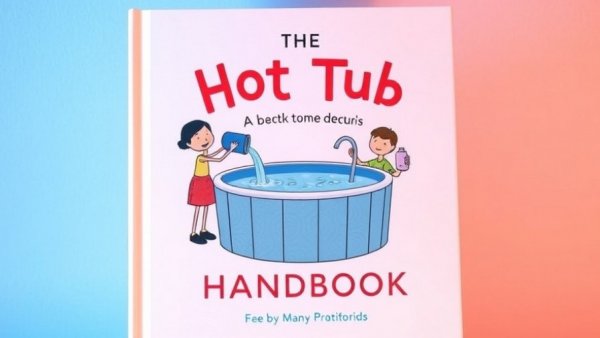 Illustrated 'The Hot Tub Handbook' cover showing cartoon figures maintaining a hot tub.