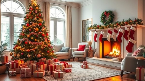 Holiday Gift Exchange Themes in a cozy festive living room with a Christmas tree and gifts.