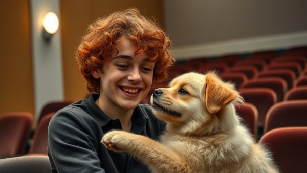 Young actor playing with a fluffy dog backstage, Annie pre-show routine.
