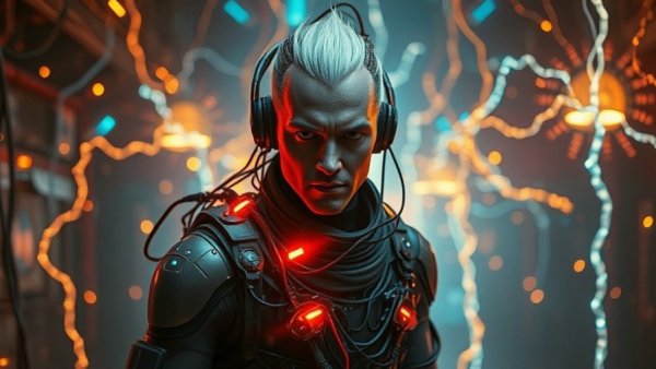Futuristic figure with cybernetic wires in an electrifying setting.
