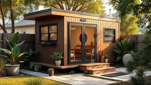 Modern accessory dwelling unit in Quebec backyard, featuring brown exterior and garden.