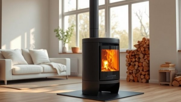 Modern wood stove in a bright living room for airtight homes, cozy atmosphere.