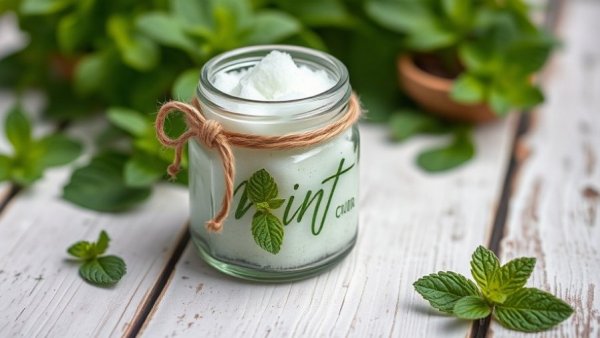 Peppermint foot scrub in a glass jar with mint leaves.