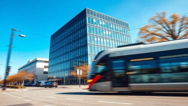 OpenAI office building with tram in motion.
