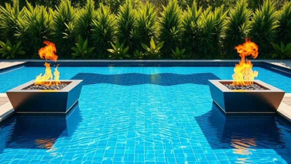 Luxurious poolside with fire pits, vibrant blue water, surrounded by greenery.