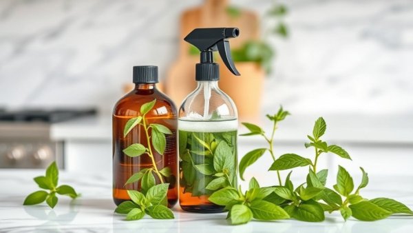 Amber bottle of natural cleaning spray with lemon balm leaves.