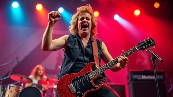 Rock artists on Broadway performing energetically on stage.