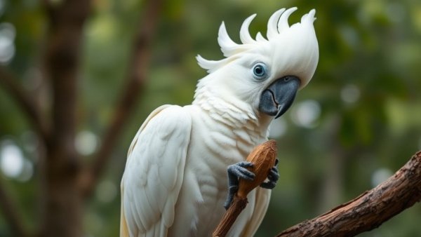 White cockatoo displaying handedness in birds behavior.