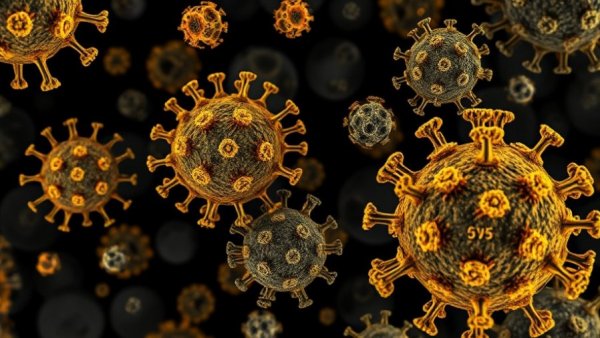 Micrograph of H5N5 virus particles in gold on black background.