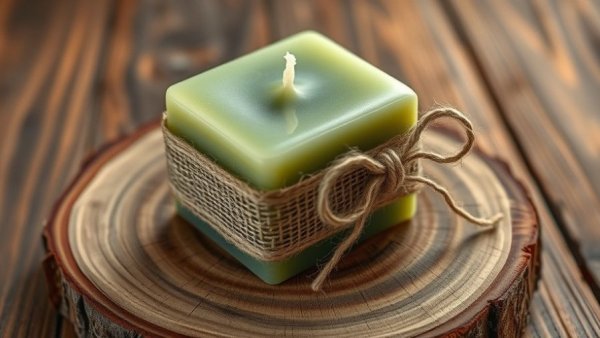 Festive evergreen candle on rustic wooden background.