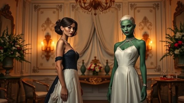 Contrast between characters in top-grossing film adaptation scene.