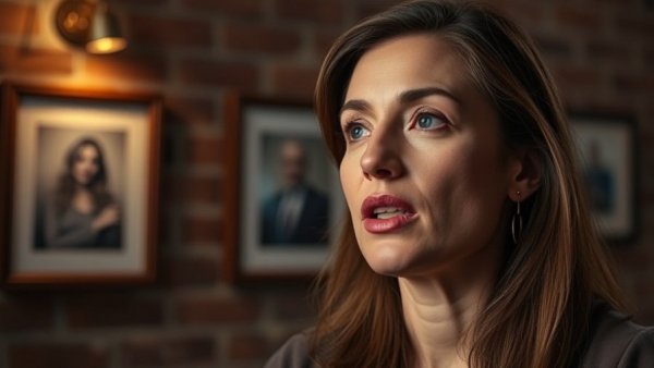 Woman discussing in dimly lit interview setting.