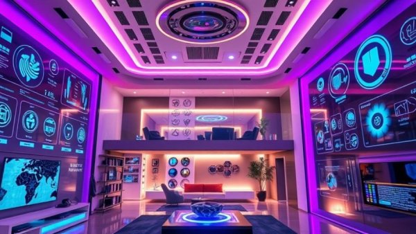 Futuristic smart home with Matter 1.5 tech and energy management.