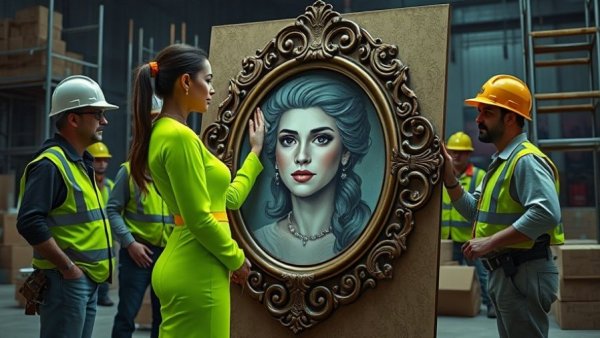 Queen of Versailles Closing: woman in neon green with portrait and workers.