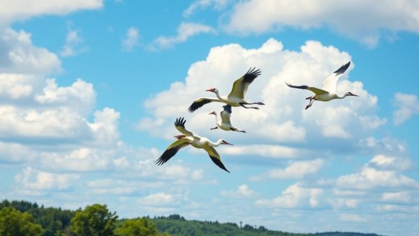 Whooping cranes flying over green landscape, conservation effort.