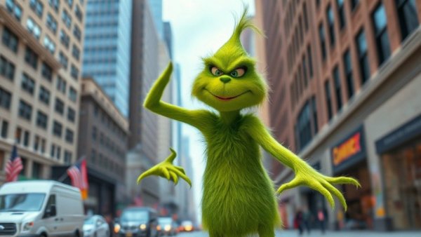 Grinch character performing energetically on city street for 'Dr. Seuss's How the Grinch Stole Christmas! The Musical'