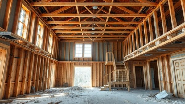 Home renovations 2025: Interior demolition with exposed wooden beams.