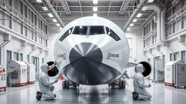 Boeing Starliner spacecraft in a cleanroom, technicians adjusting.