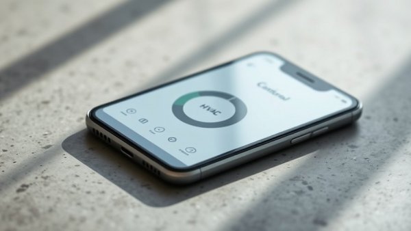Smartphone with intelligent HVAC control app interface on textured background.