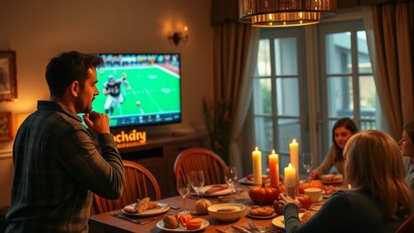 Family tech support at Thanksgiving dinner, cozy ambiance.