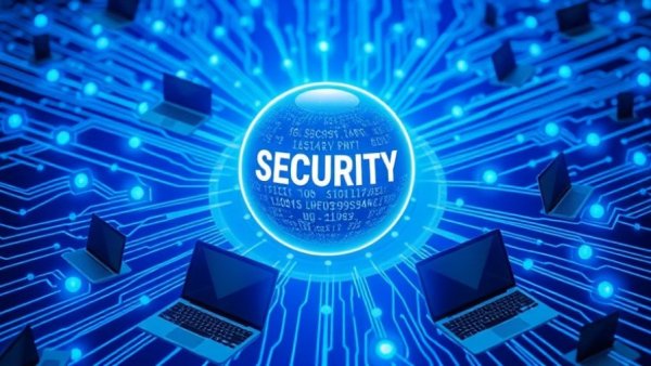 Abstract digital network with blue security sphere and connected devices