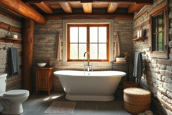 rustic bathroom makeover, inviting and earthy, replacing old tiles, photorealistic, countryside cabin with wooden beams and stone walls, highly detailed, dust particles in sunlight and wood grain texture, detailed resolution, warm browns and greens, natural atmospheric lighting, shot with a 28mm lens.